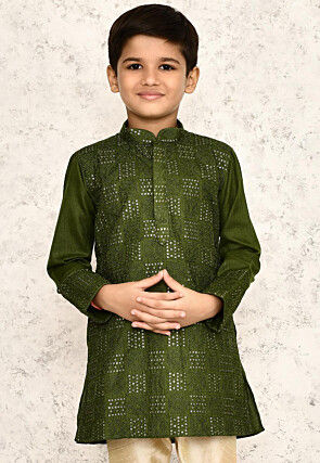 Embroidered Cotton Kurta in Olive Green