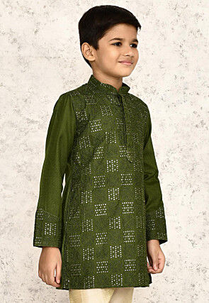 Embroidered Cotton Kurta in Olive Green