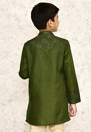 Embroidered Cotton Kurta in Olive Green