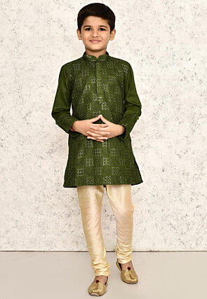 Embroidered Cotton Kurta in Olive Green