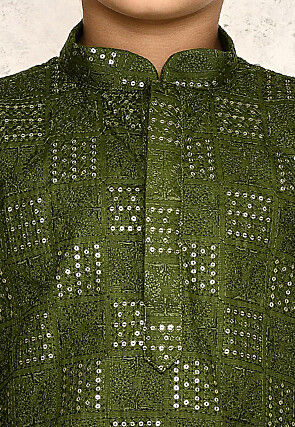 Embroidered Cotton Kurta in Olive Green