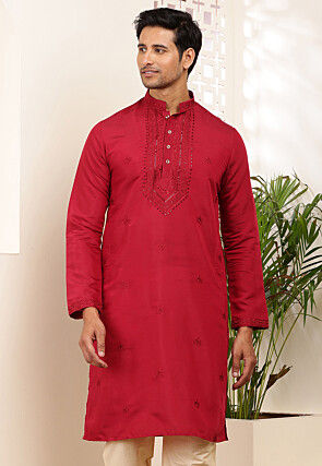 Embroidered Cotton Kurta in Red