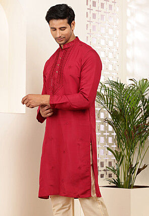 Embroidered Cotton Kurta in Red