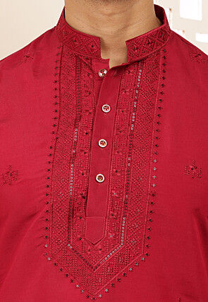 Embroidered Cotton Kurta in Red