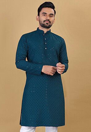 Embroidered Cotton Kurta in Teal Blue