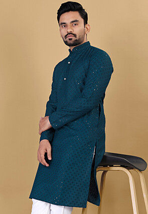 Embroidered Cotton Kurta in Teal Blue