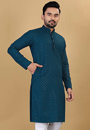Embroidered Cotton Kurta in Teal Blue