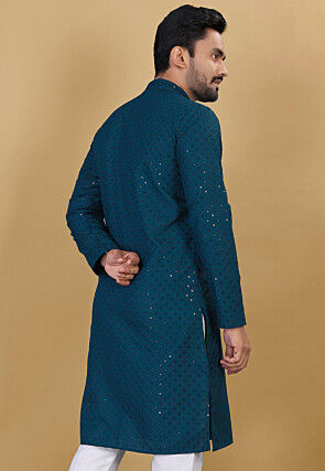 Embroidered Cotton Kurta in Teal Blue