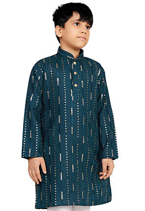 Embroidered Cotton Kurta in Teal Blue