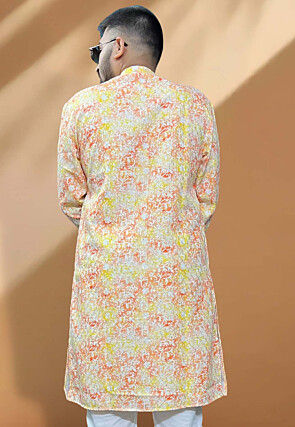 Embroidered Cotton Kurta in Yellow and Orange