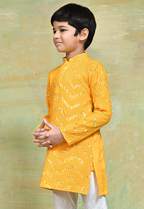 Embroidered Cotton Kurta in Yellow