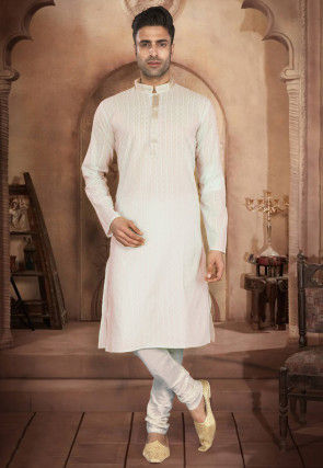 Embroidered Cotton Kurta Pajama in Cream