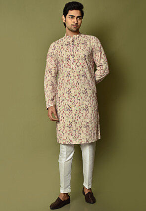 Embroidered Cotton Kurta Set in Beige and Multi Color