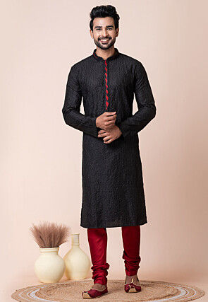Embroidered Cotton Kurta Set in Black