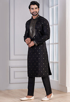 Embroidered Cotton Kurta Set in Black
