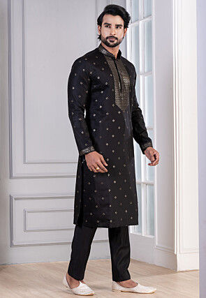 Embroidered Cotton Kurta Set in Black