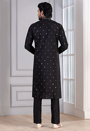 Embroidered Cotton Kurta Set in Black