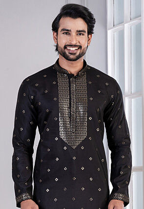 Embroidered Cotton Kurta Set in Black