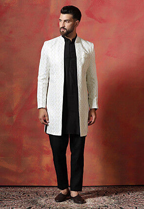 Embroidered Cotton Kurta Set in Black