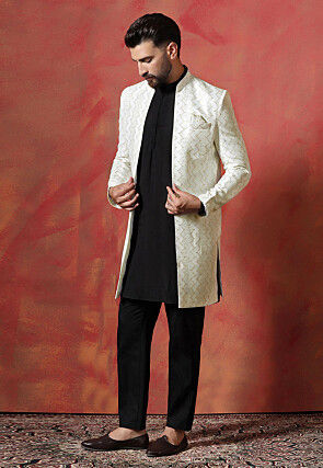 Embroidered Cotton Kurta Set in Black