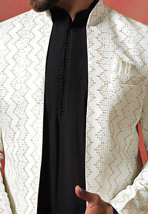 Embroidered Cotton Kurta Set in Black