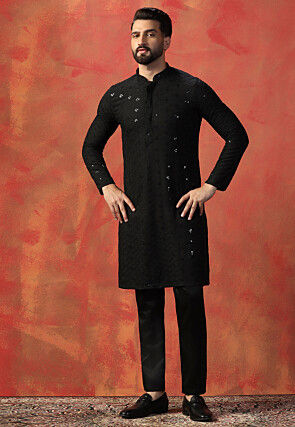 Embroidered Cotton Kurta Set in Black