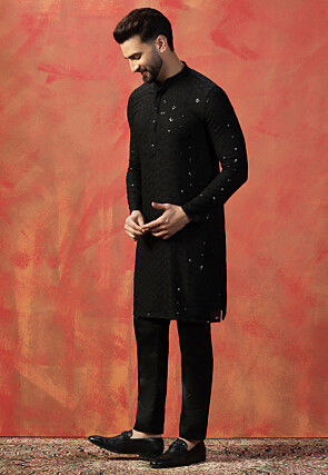 Embroidered Cotton Kurta Set in Black