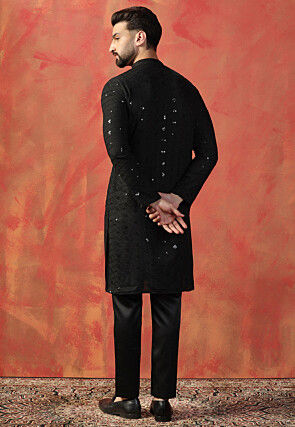Embroidered Cotton Kurta Set in Black