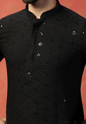 Embroidered Cotton Kurta Set in Black