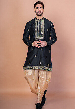 Embroidered Cotton Kurta Set in Black