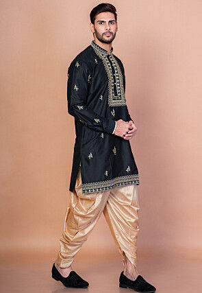 Embroidered Cotton Kurta Set in Black