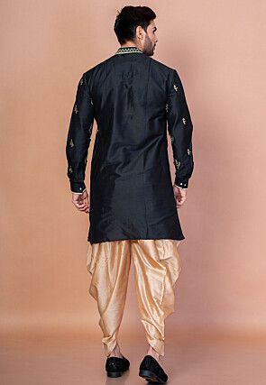 Embroidered Cotton Kurta Set in Black