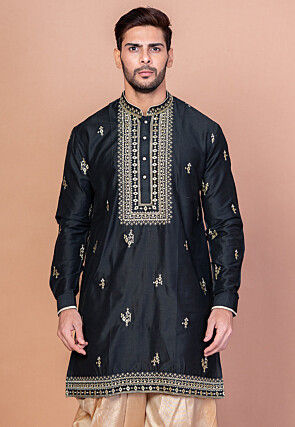 Embroidered Cotton Kurta in Black