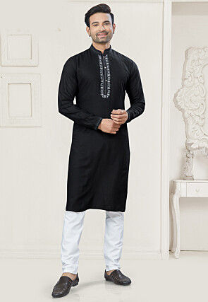 Embroidered Cotton Kurta Set in Black