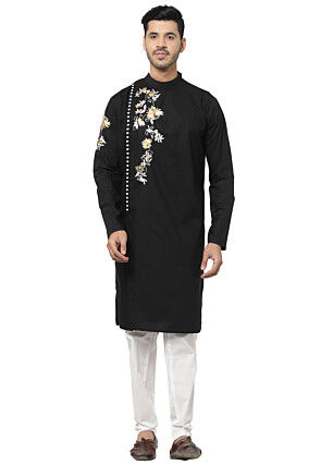 Embroidered Cotton Kurta Set in Black