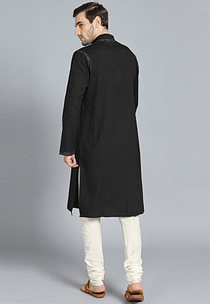 Embroidered Cotton Kurta Set in Black