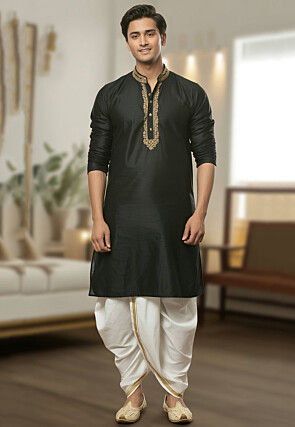 Embroidered Cotton Kurta Set in Black