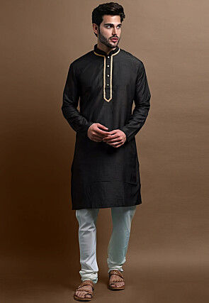 Lace Embellished Cotton Kurta Set in Black