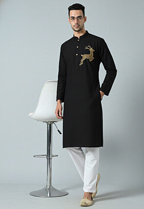 Embroidered Cotton Kurta Set in Black