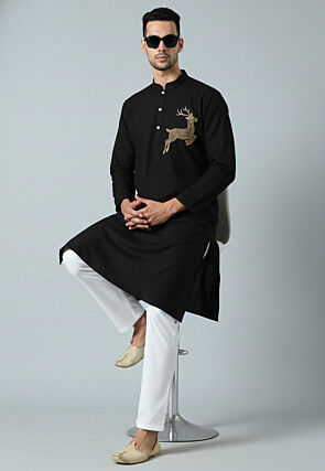 Embroidered Cotton Kurta Set in Black