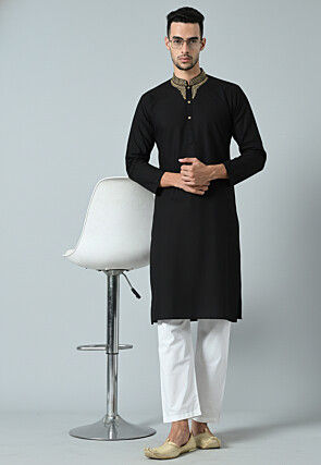 Embroidered Cotton Kurta Set in Black