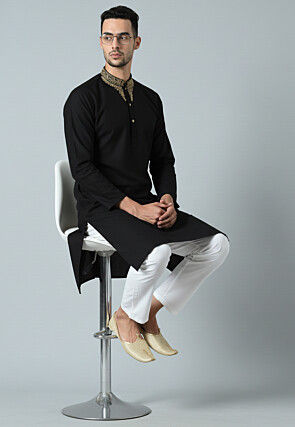 Embroidered Cotton Kurta Set in Black