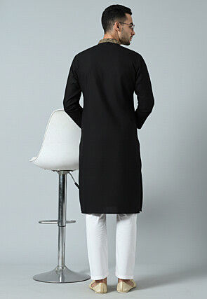 Embroidered Cotton Kurta Set in Black