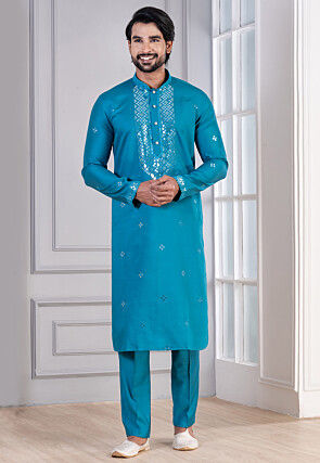 Embroidered Cotton Kurta Set in Blue