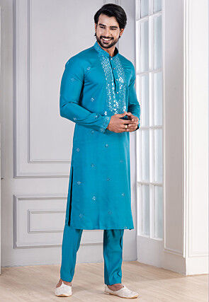 Embroidered Cotton Kurta Set in Blue