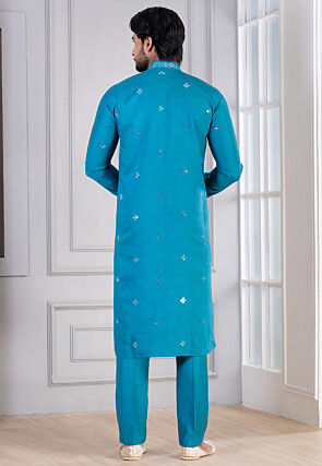 Embroidered Cotton Kurta Set in Blue