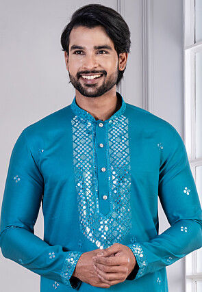 Embroidered Cotton Kurta Set in Blue