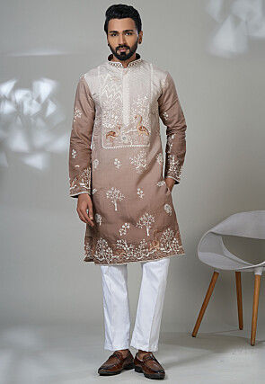 Embroidered Cotton Kurta Set in Brown Ombre