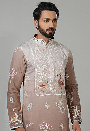 Embroidered Cotton Kurta Set in Brown Ombre