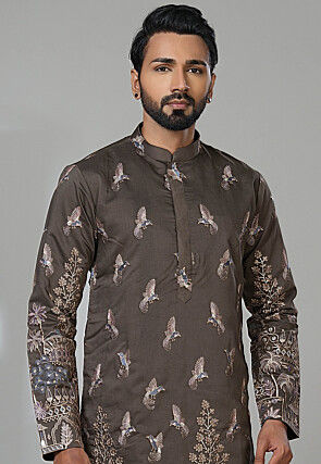 Embroidered Cotton Kurta Set in Brown